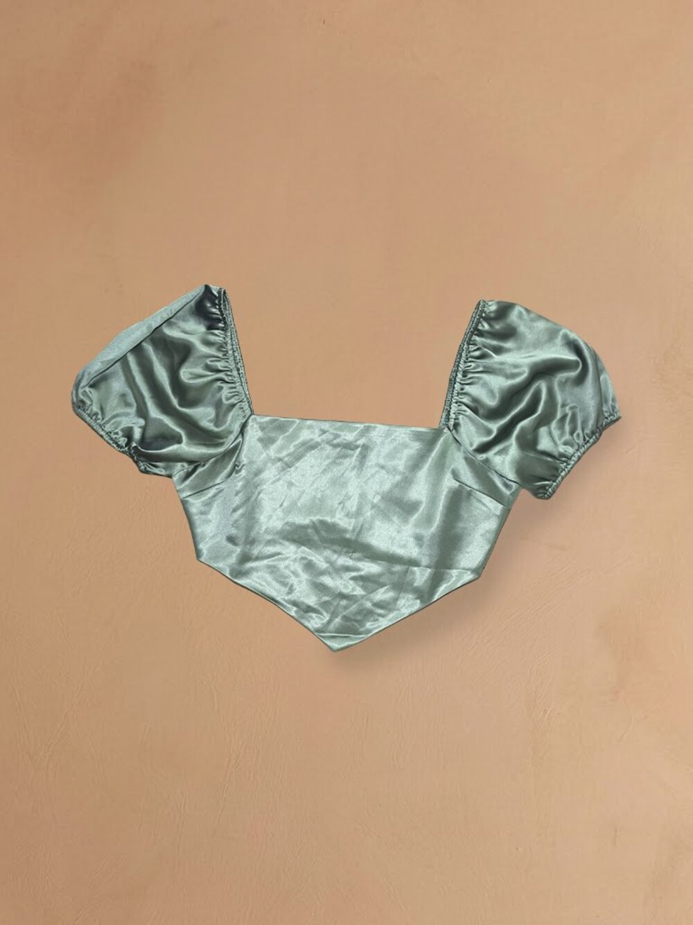 NWT Olive Green Satin Corset Crop Top Puff Sleeve Handkerchief Hem